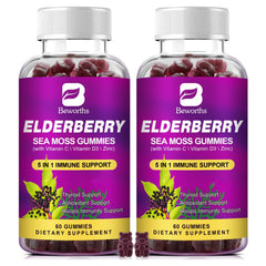 BBeworths Elderberry Gummies Sea Moss bottle supports immune health and energy.