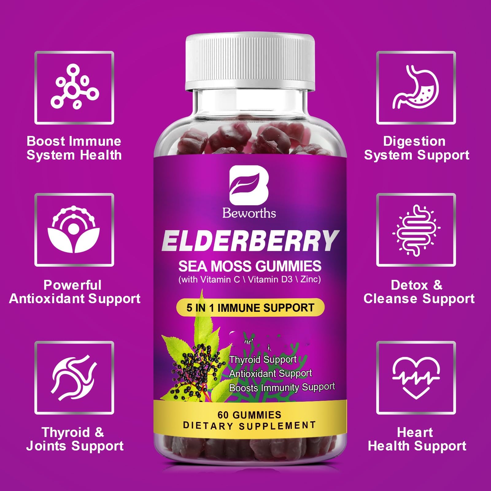 BBeworths Sea Moss Gummies jar shows natural minerals for digestion and joints.
