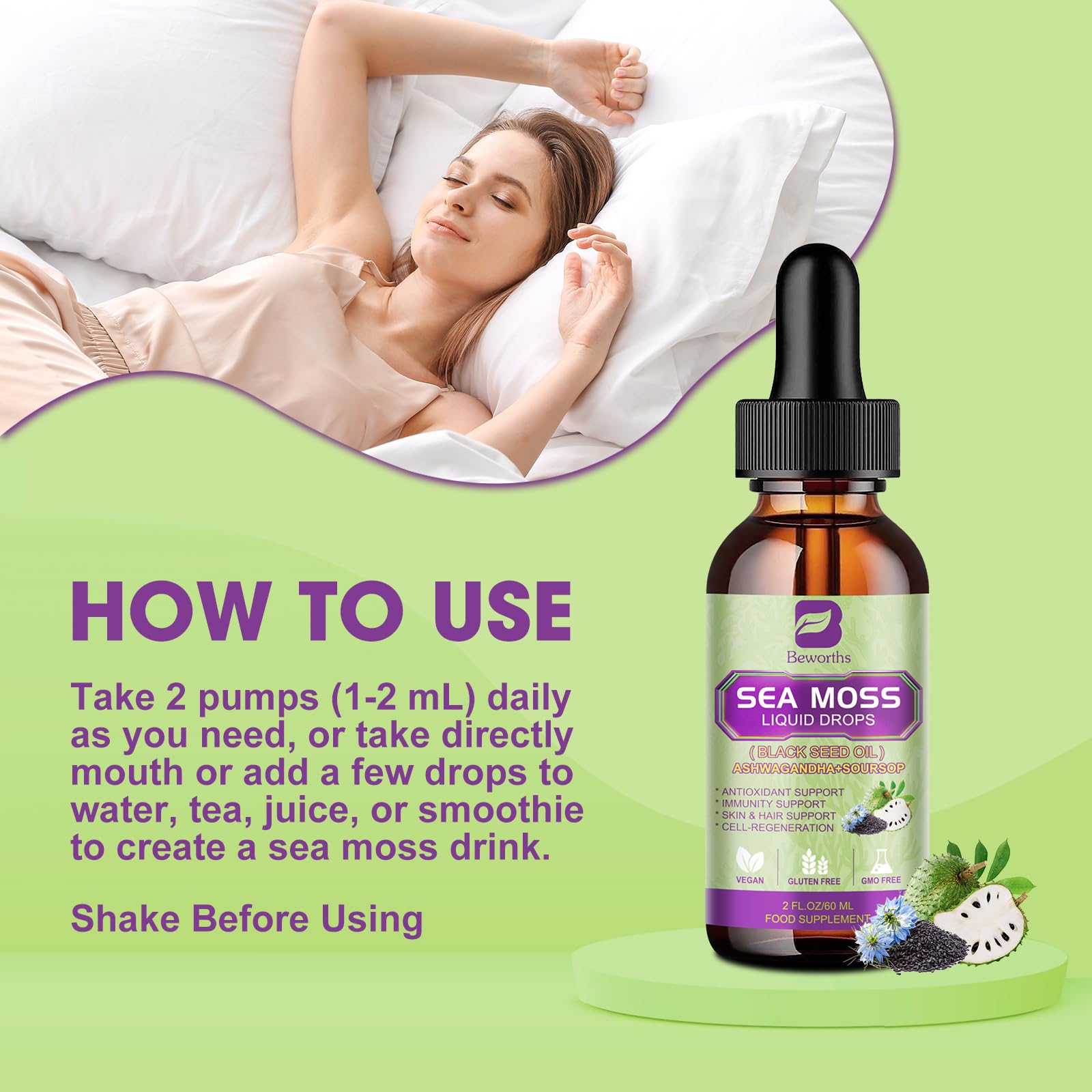 B BEWORTHS Sea Moss Drops pictured as immune-supporting addition to beverages