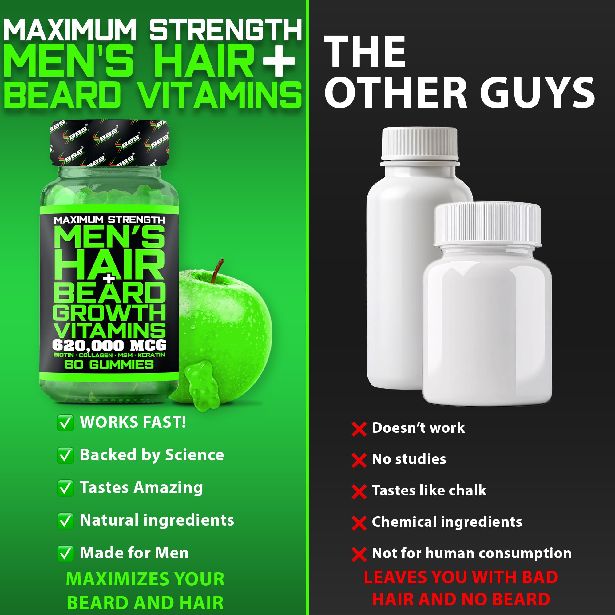 BBS Best Beard Stuff bottle label highlights DHT-free formula