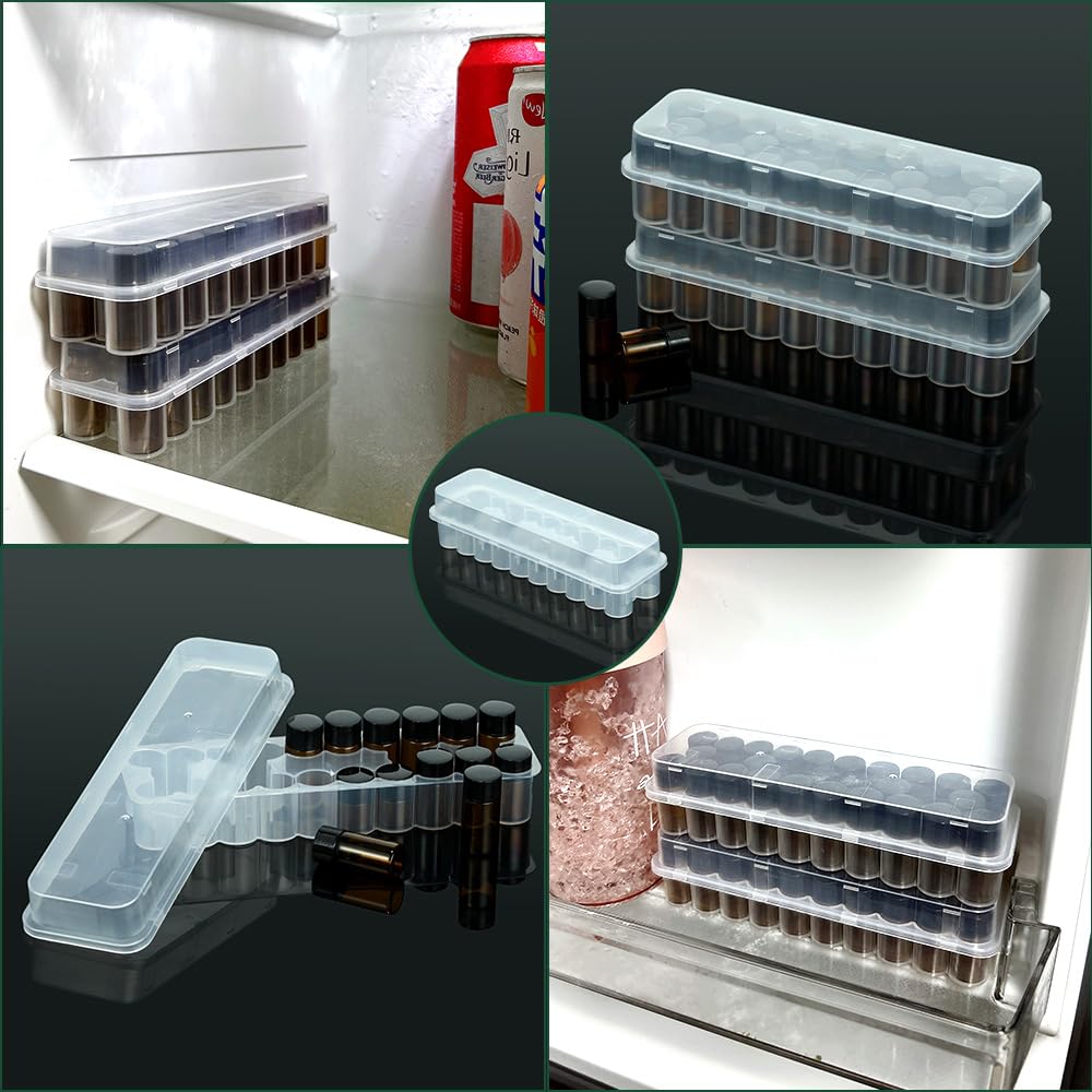 Compact stackable vial holder fits on fridge shelf for insulin and peptides