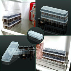 Compact stackable vial holder fits on fridge shelf for insulin and peptides
