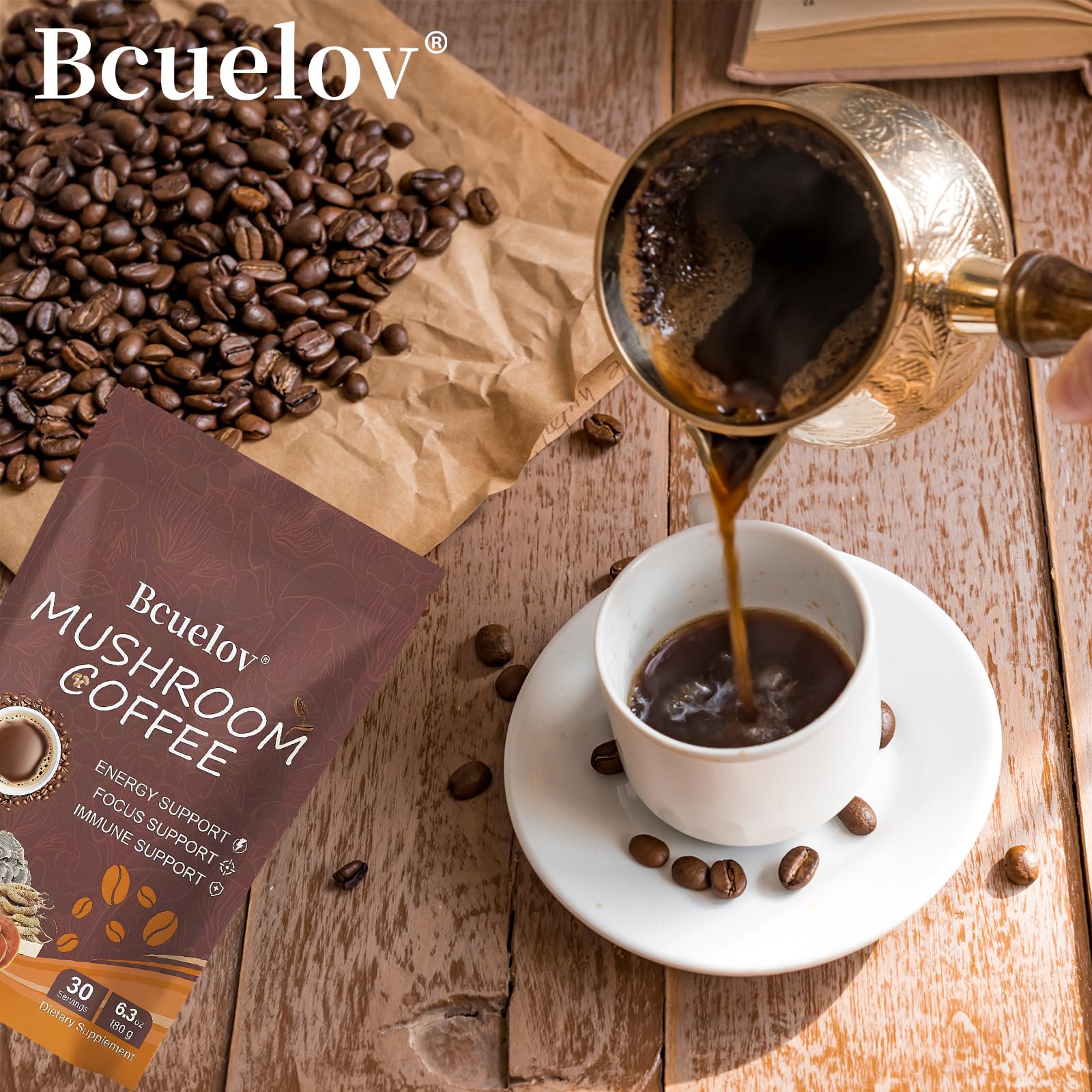 Prepared coffee served iced or hot with Bcuelov packaging for versatility.