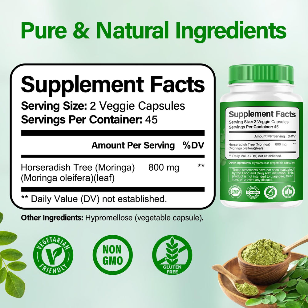 Bcuelov Moringa capsule bottle back label highlights ingredients and allergen-free formula.