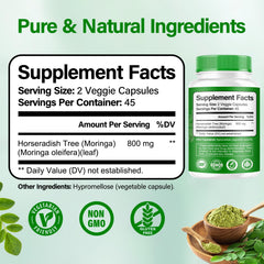 Bcuelov Moringa capsule bottle back label highlights ingredients and allergen-free formula.