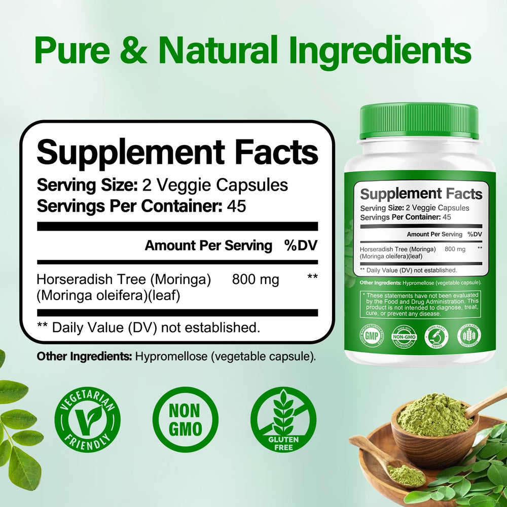 Bcuelov Moringa capsules bottle closeup label noting 800mg potency and clean ingredients