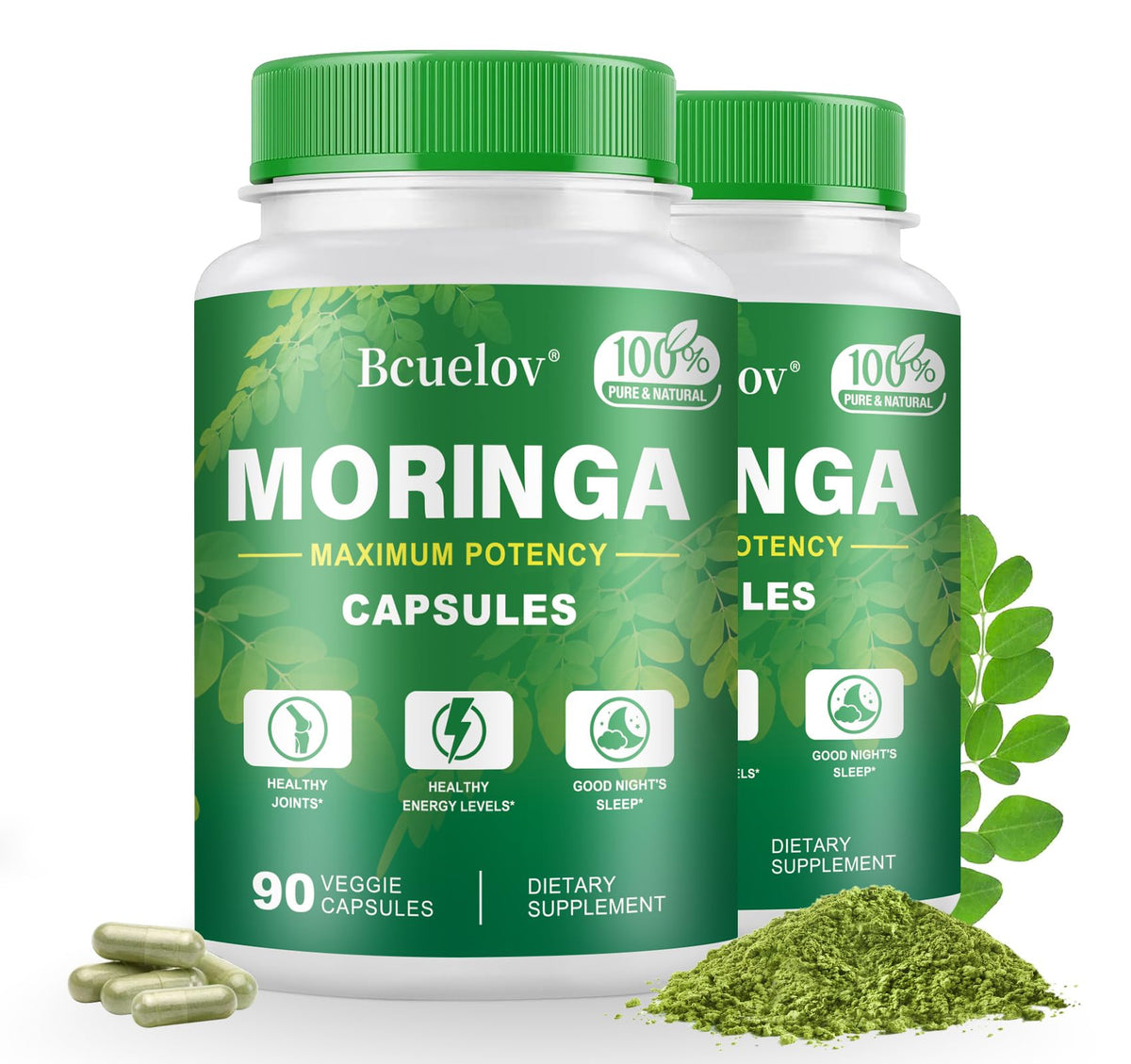 Bcuelov Moringa capsules bottle front shows packaging; supports daily energy and wellness.