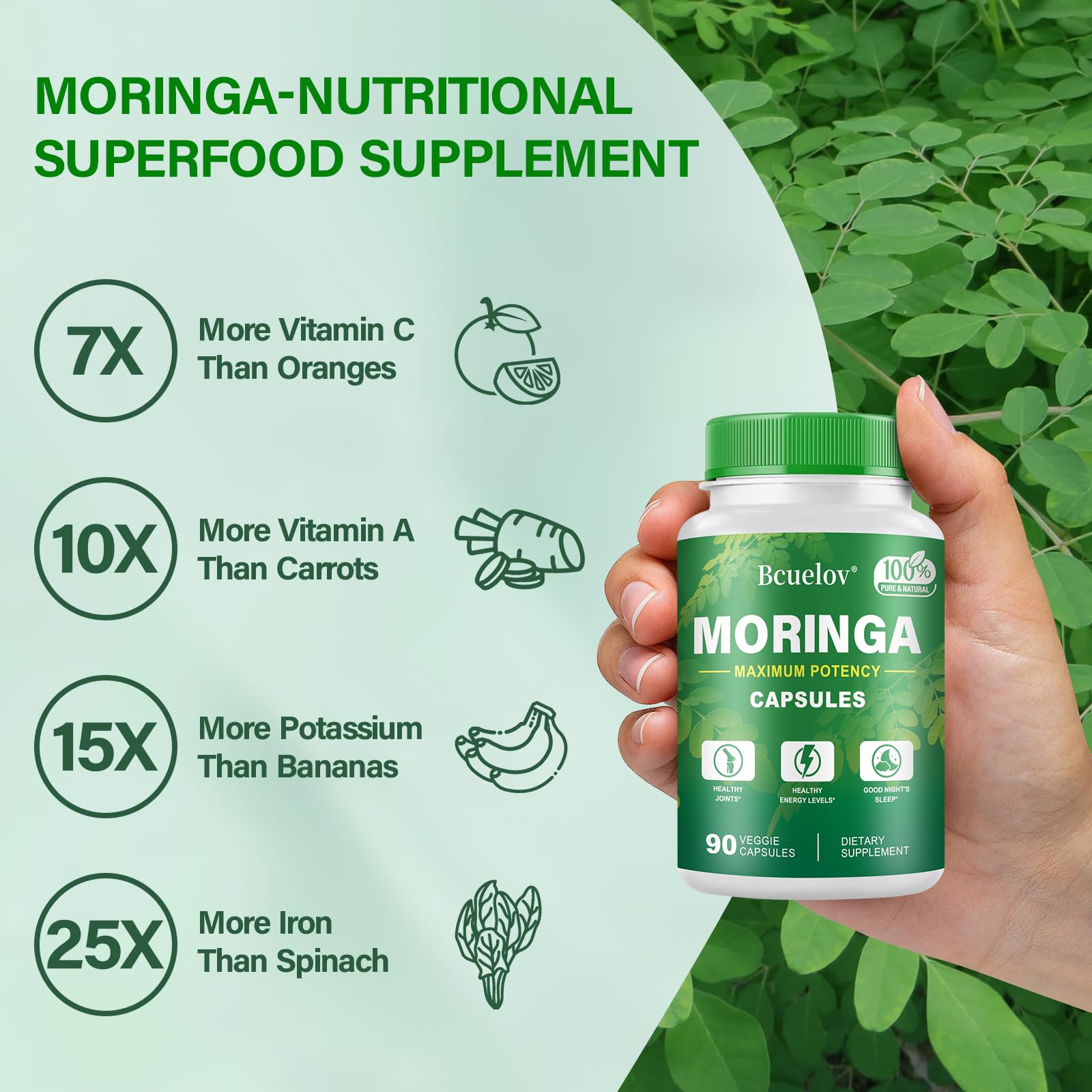 Bcuelov Moringa capsules bottle on kitchen counter showing trusted packaging