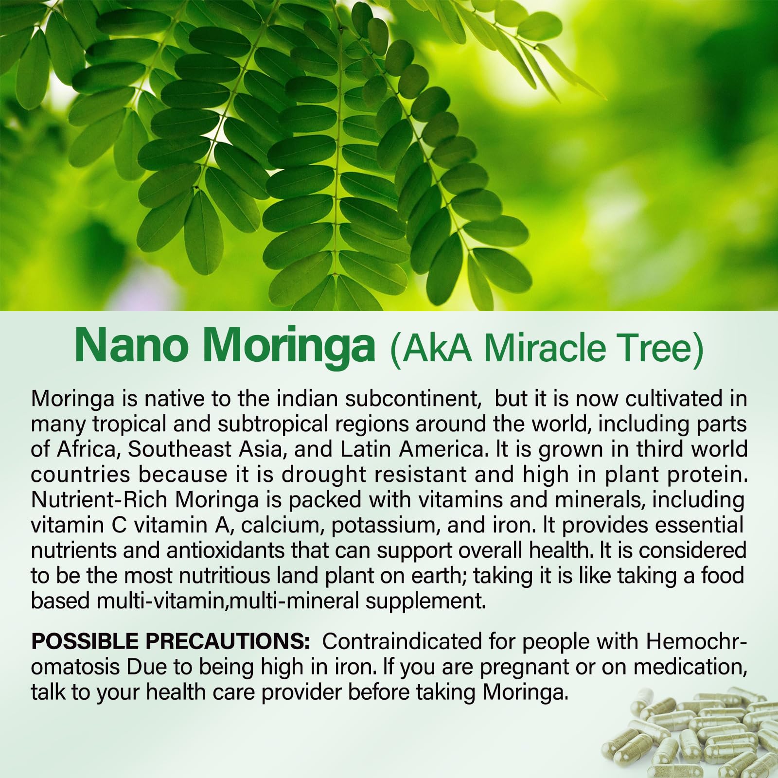 Bcuelov Moringa capsules close-up reveals 800 mg per capsule and leaf extract.