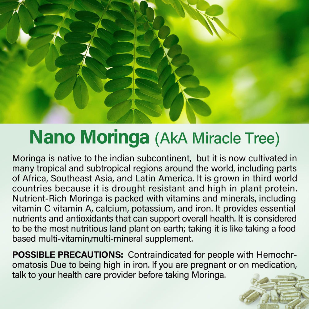 Bcuelov Moringa capsules close-up reveals 800 mg per capsule and leaf extract.