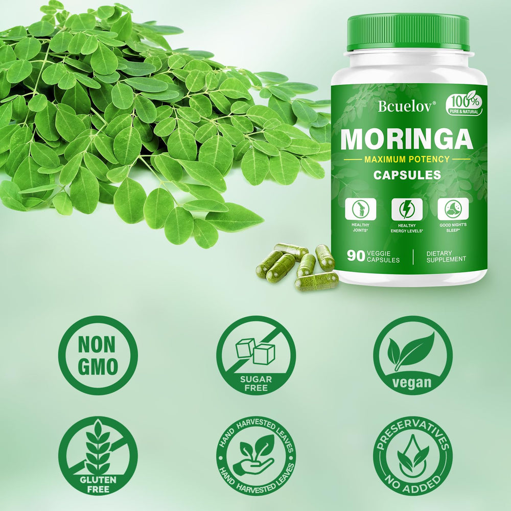 Bcuelov Moringa capsules ingredients chart highlights vitamins and amino acids.