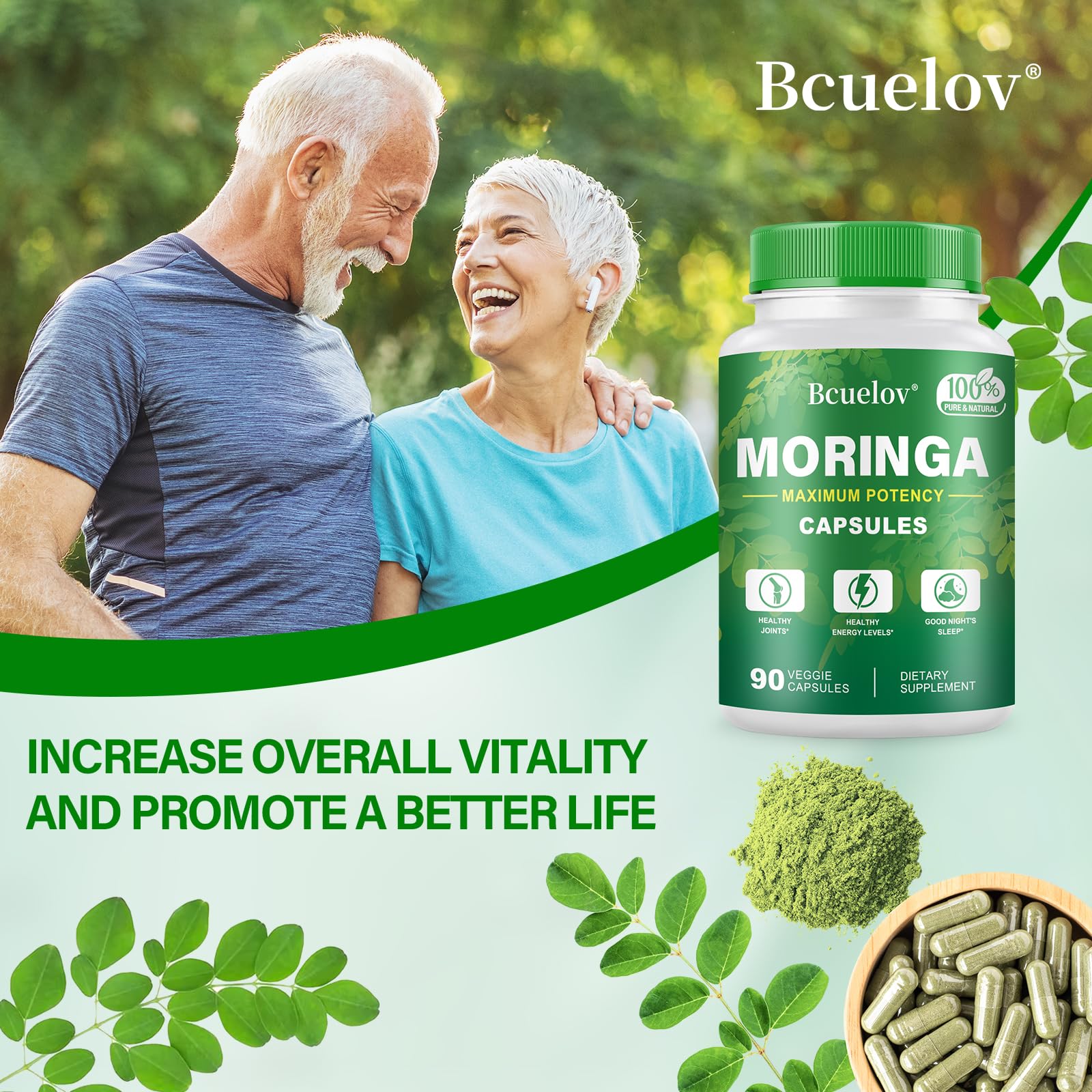 Bcuelov Moringa capsules packaging emphasizing eco-friendly design and testing
