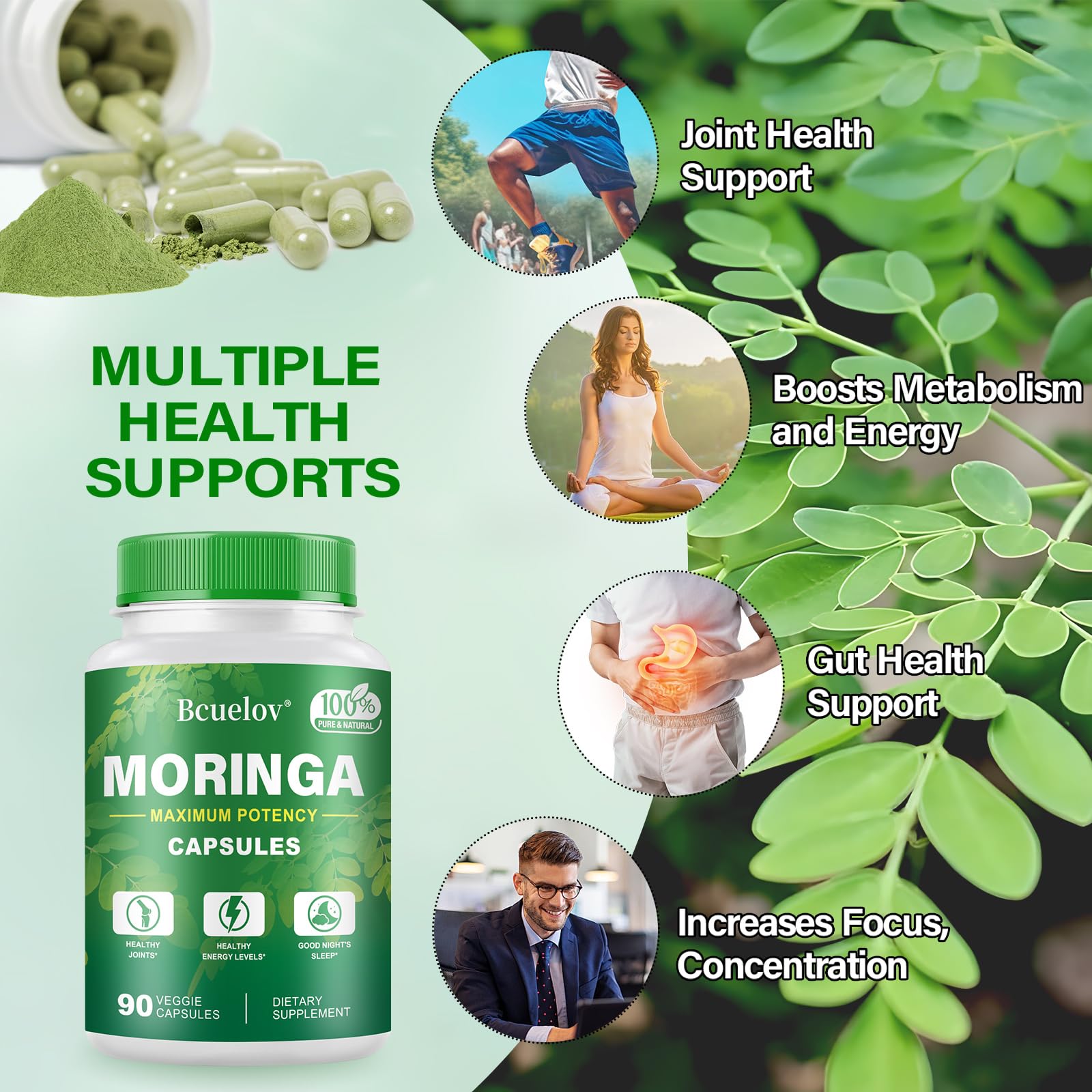 Bcuelov Moringa capsule being poured to illustrate convenient daily serving.