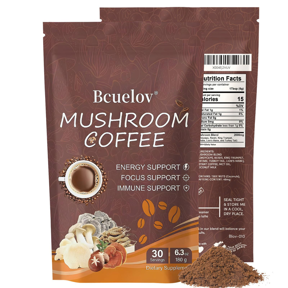 Bcuelov Mushroom Coffee packaging shows two-bag set for daily energy.