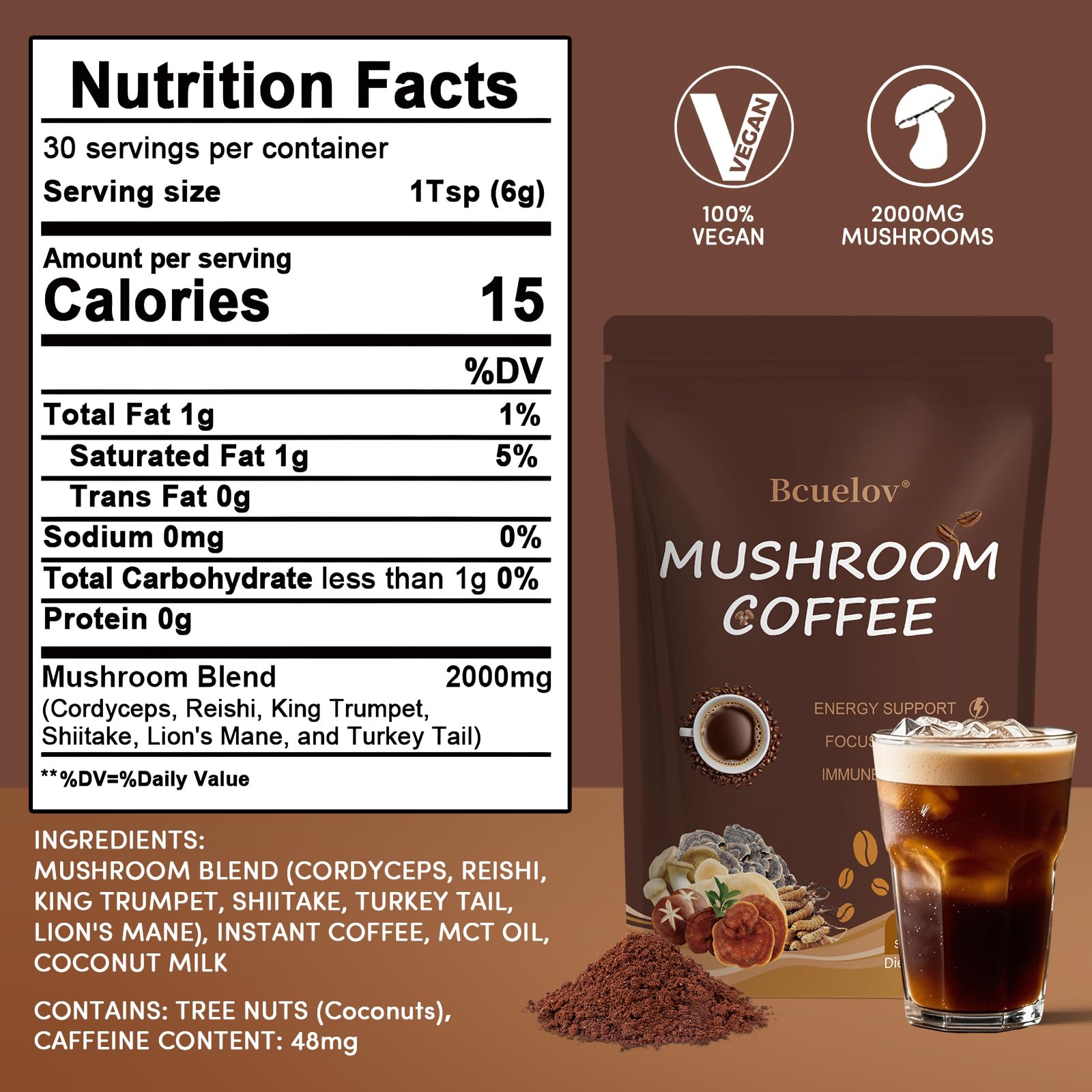 Bcuelov mushroom coffee pack front highlighting gluten-free vegan formula for daily energy.