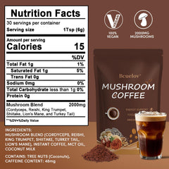 Bcuelov mushroom coffee pack front highlighting gluten-free vegan formula for daily energy.