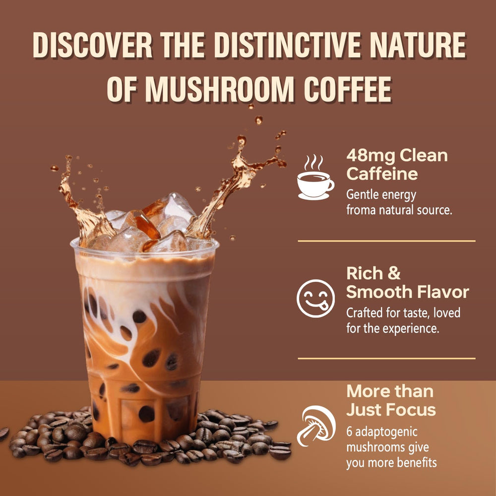 Bcuelov mushroom coffee serving guide with scoop and 6 g per cup.