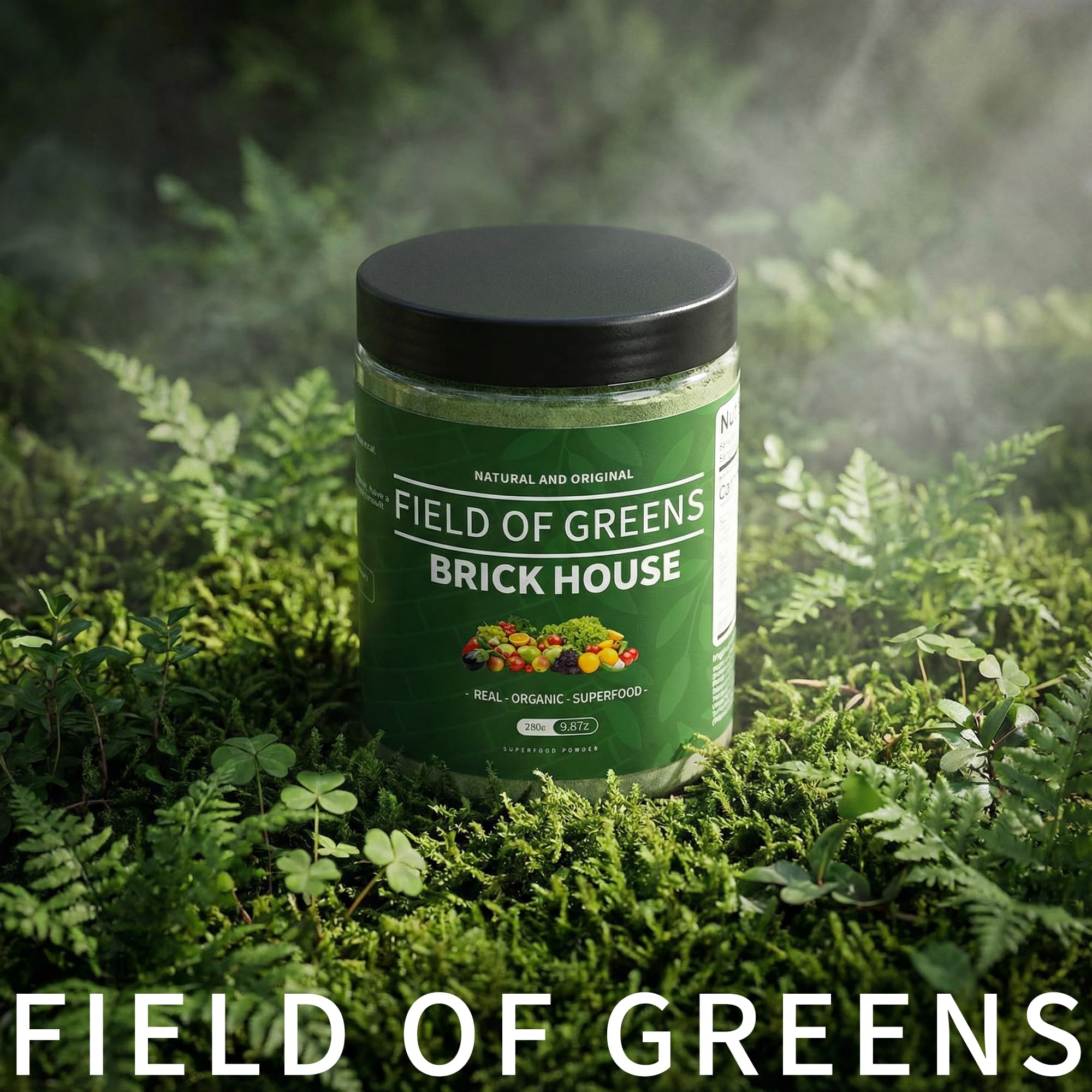 BDQBDQ Field of Greens bottle label highlighting whole food ingredients