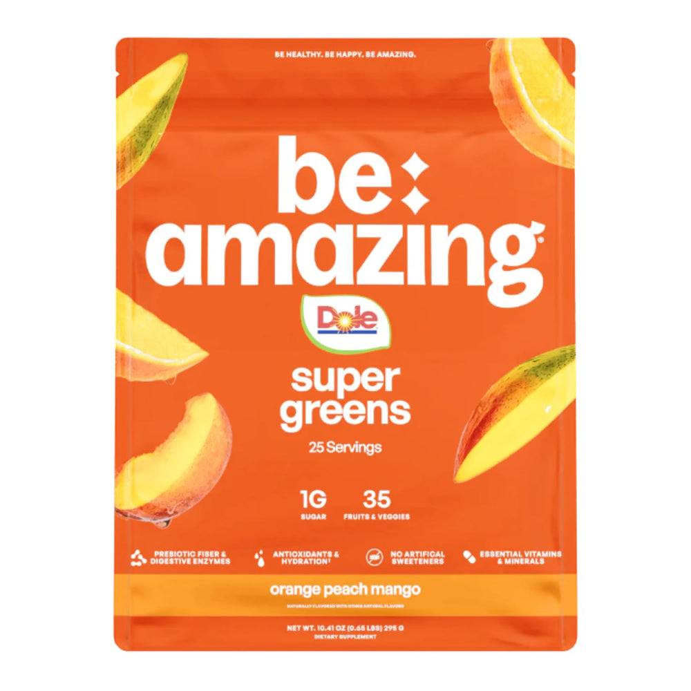 BE AMAZING Super Greens Orange Peach Mango tub for convenient daily nutrition.