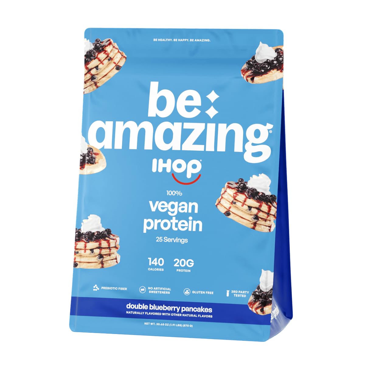 Be Amazing Vegan Protein Powder bottle with IHOP Double Blueberry Pancakes flavor for convenient daily fuel