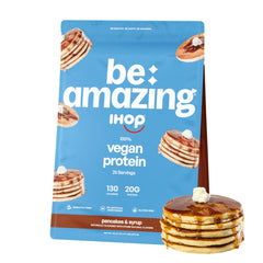 BE AMAZING vegan protein powder with IHOP pancakes and syrup enhances a cozy breakfast-inspired shake