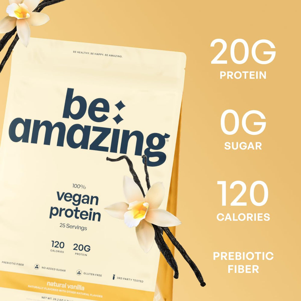BE AMAZING Vegan Protein Powder vanilla scoop demonstrates easy, protein-rich morning ritual.