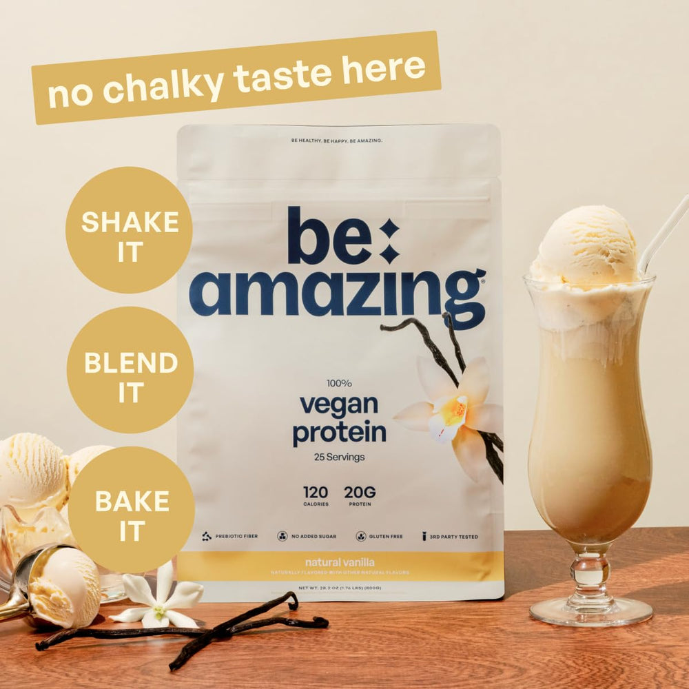 BE AMAZING Protein shake closeup emphasizes creaminess without chalky aftertaste.