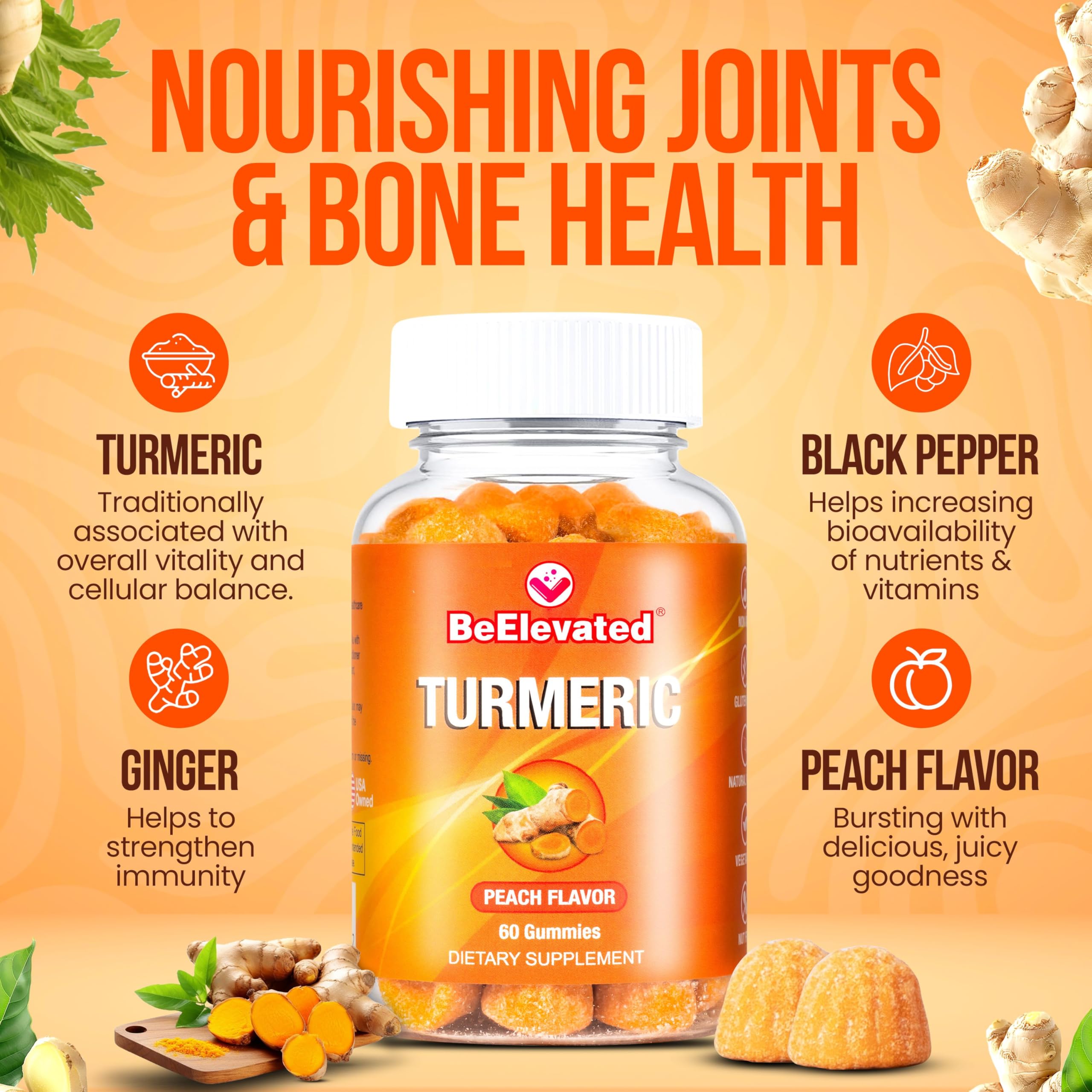 BeElevated Curcumin Turmeric Gummies bottle highlights black pepper and ginger for absorption