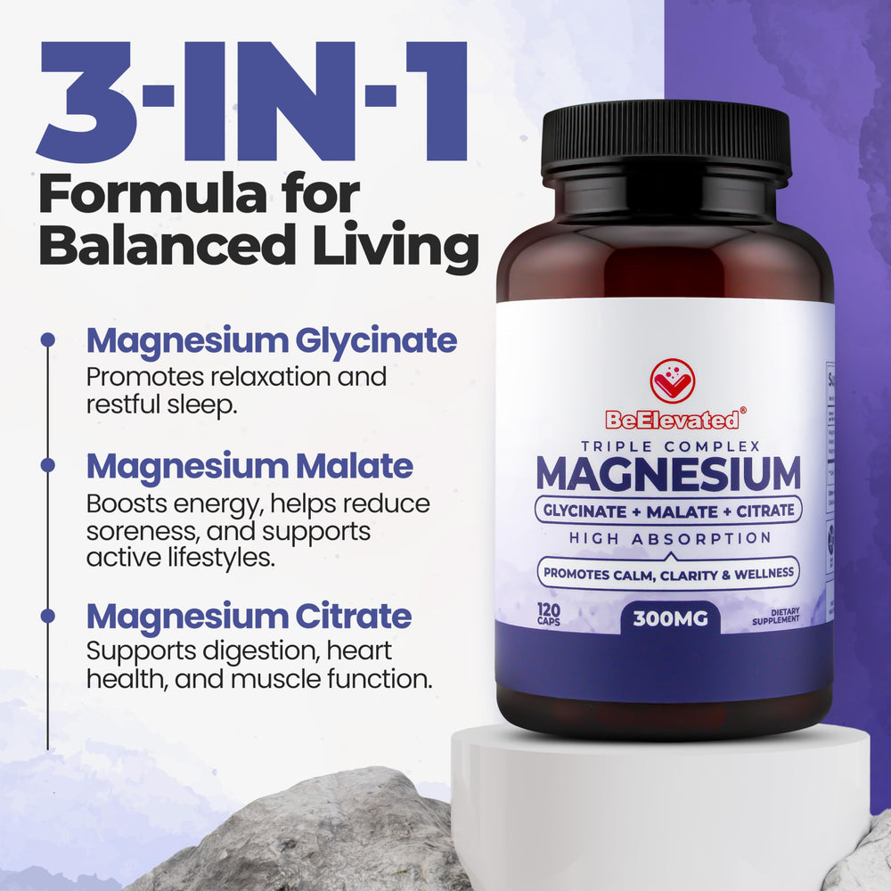 BeElevated Triple Magnesium label highlights vegan, non-GMO ingredients