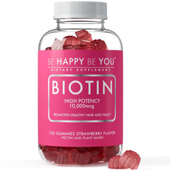 Be Happy Be You Biotin Gummies bottle front showing premium hair and nails support.