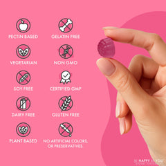 Be Happy Be You Biotin Gummies bottle in hands illustrating daily wellness routine.