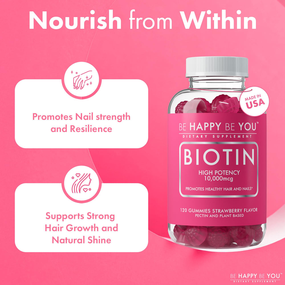 Be Happy Be You Biotin Gummies closeup of chewy gummies with strawberry flavor.