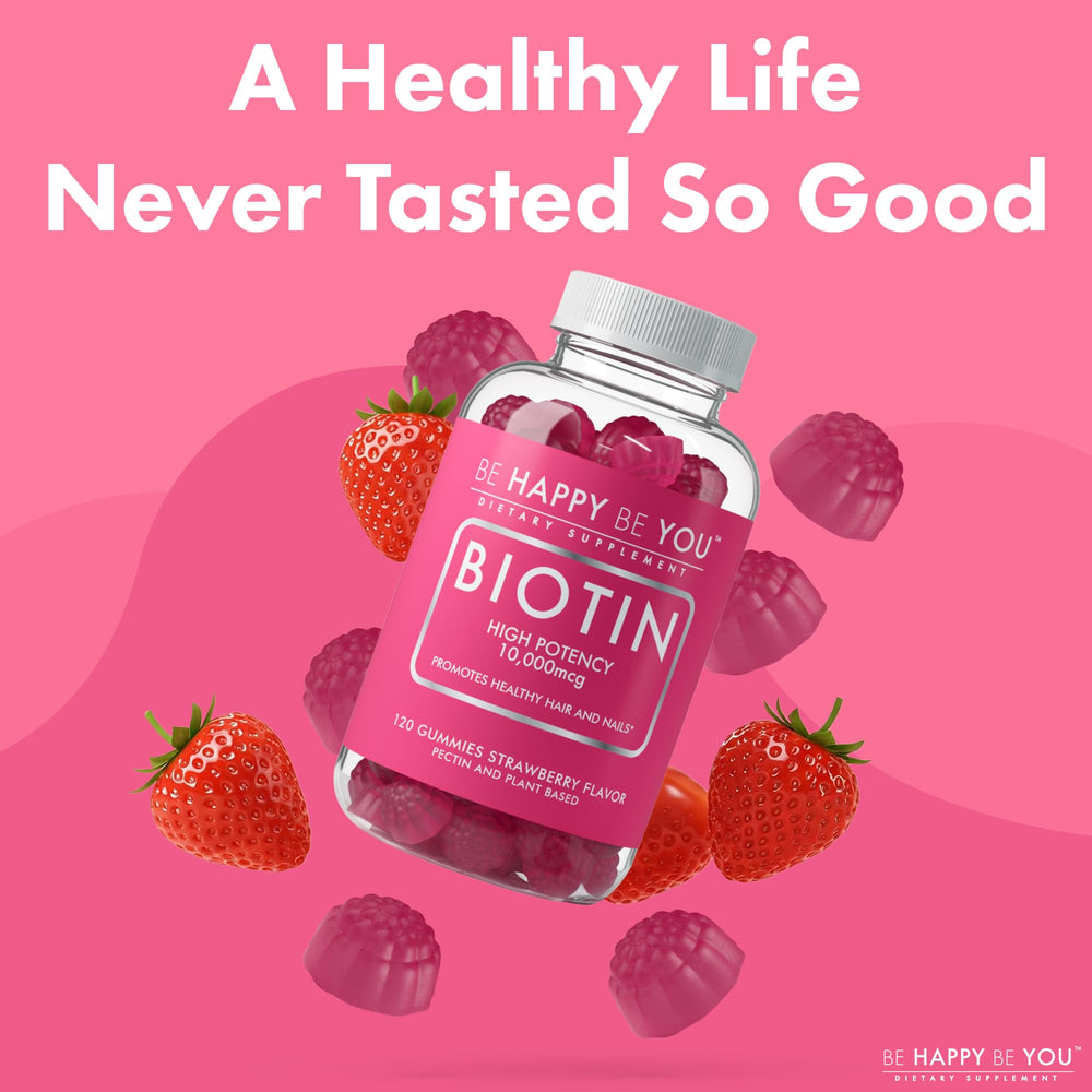Be Happy Be You Biotin Gummies Made in USA seal indicating trusted manufacturing.
