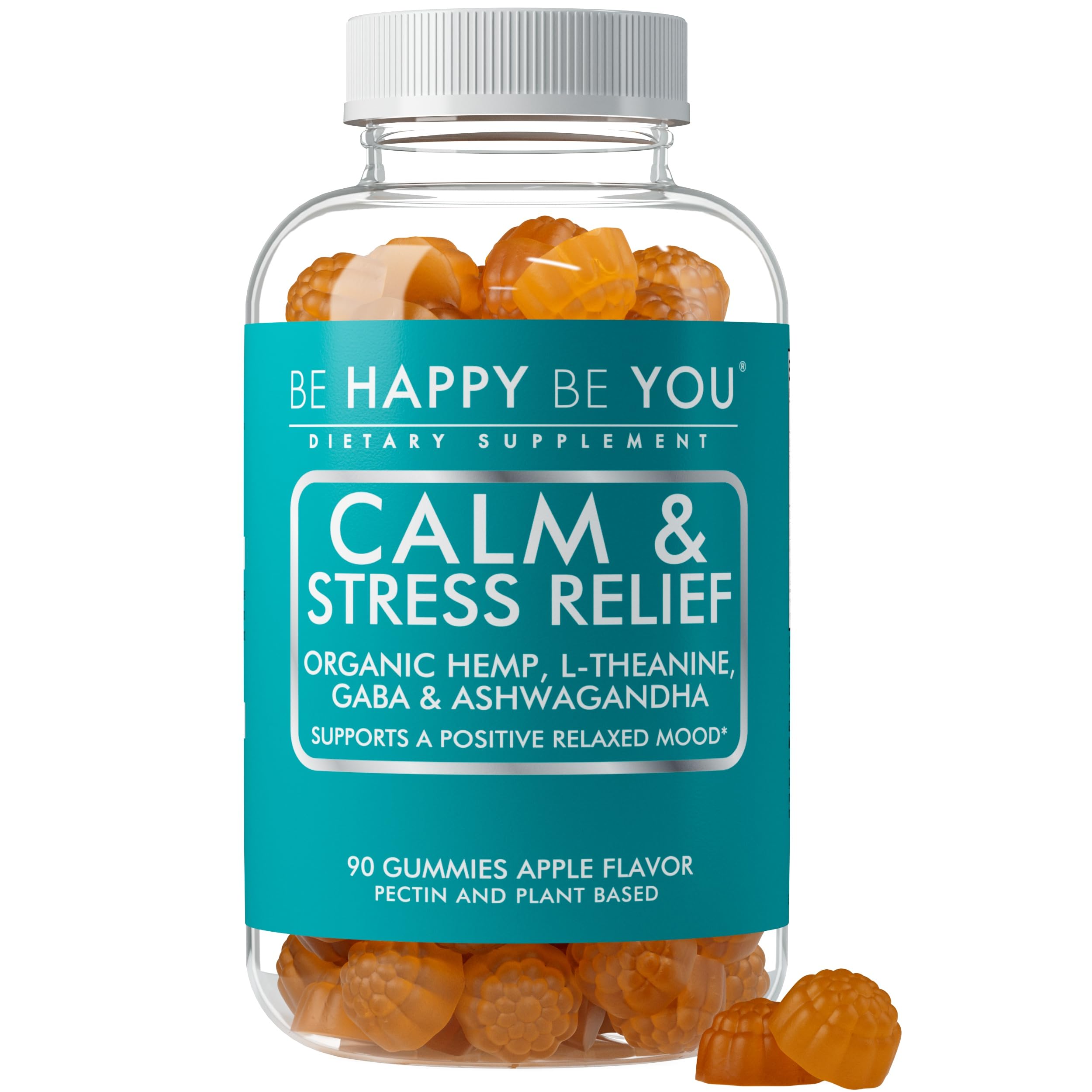 Be Happy Be You Calm Gummies bottle promoting daily calm and balanced mood.