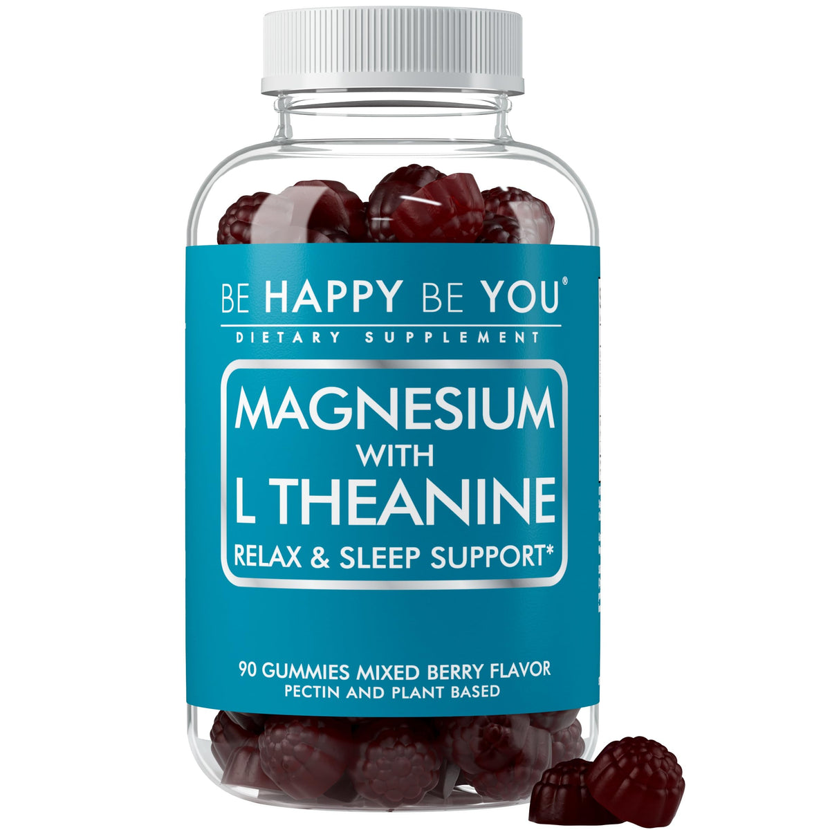 Be Happy Be You gummies bottle closeup for calm evenings and easy supplementation.