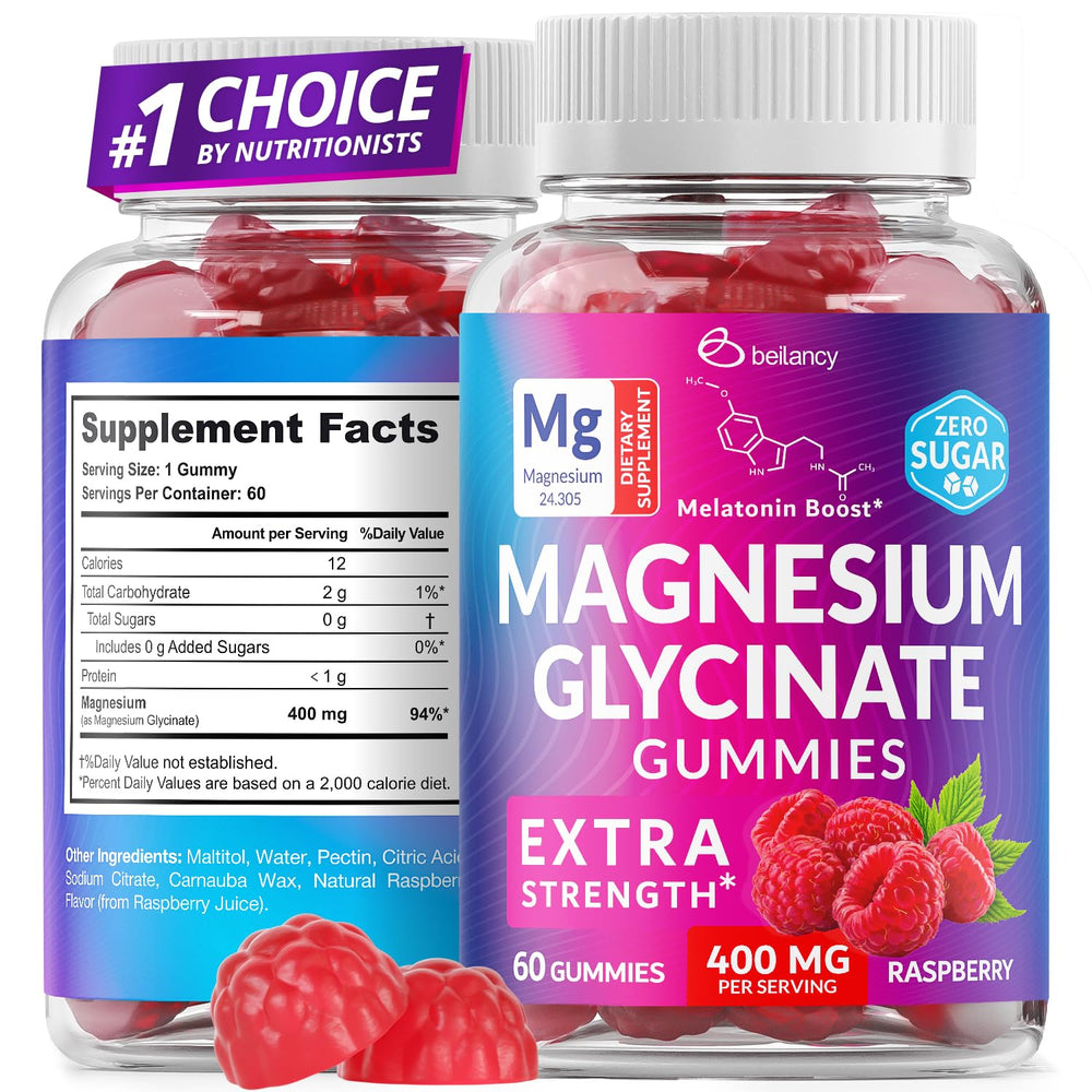 BE&LANCY Magnesium Glycinate Gummies bottle with raspberry flavor for daily support.