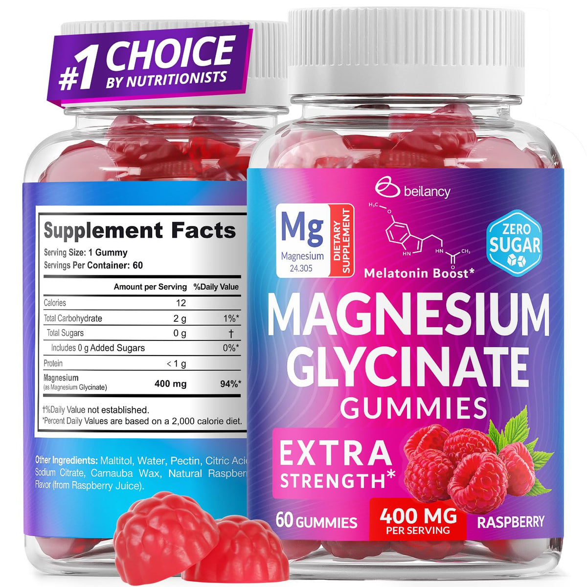 BE&LANCY Magnesium Glycinate Gummies bottle with raspberry flavor for daily support.