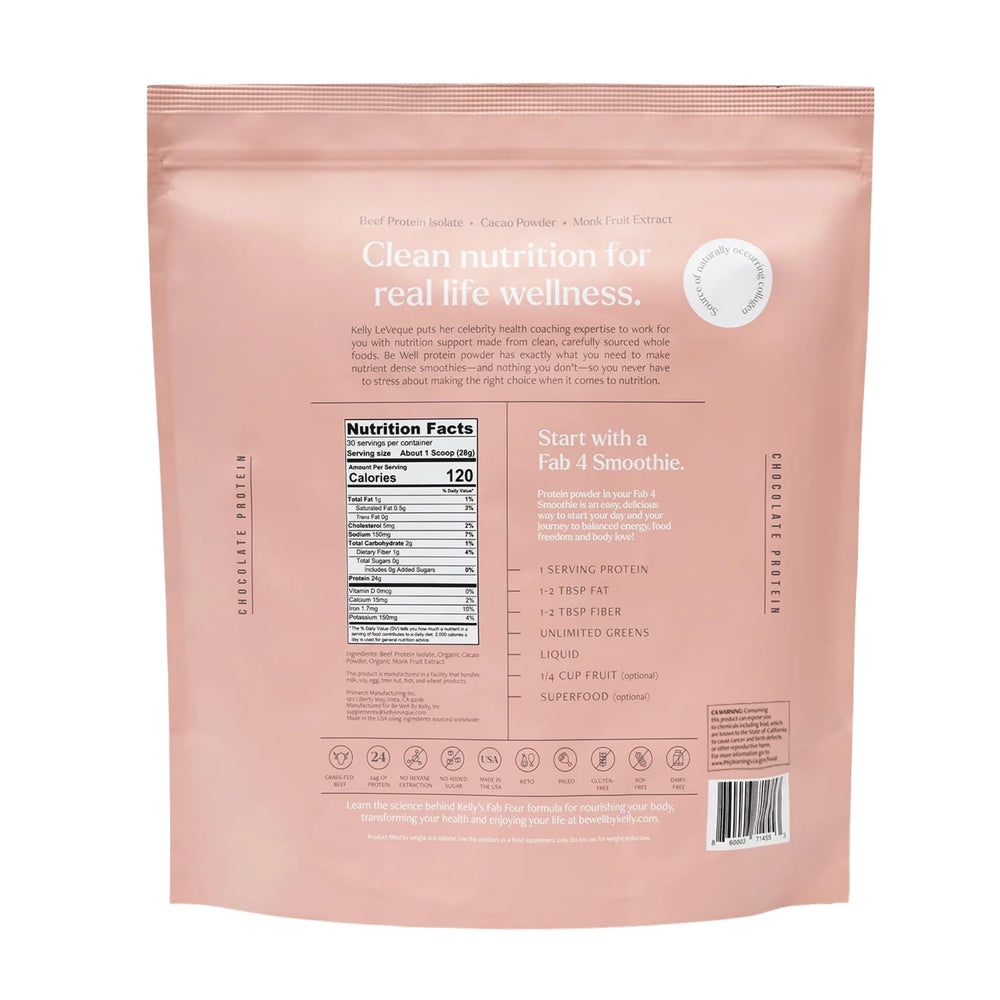 Be Well by Kelly chocolate protein powder in a healthy milkshake