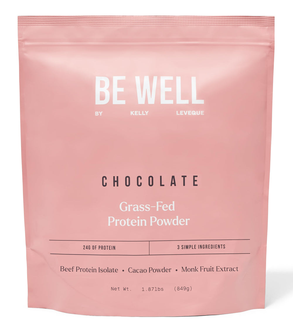 Be Well by Kelly chocolate beef protein powder jar with 24g protein per serving