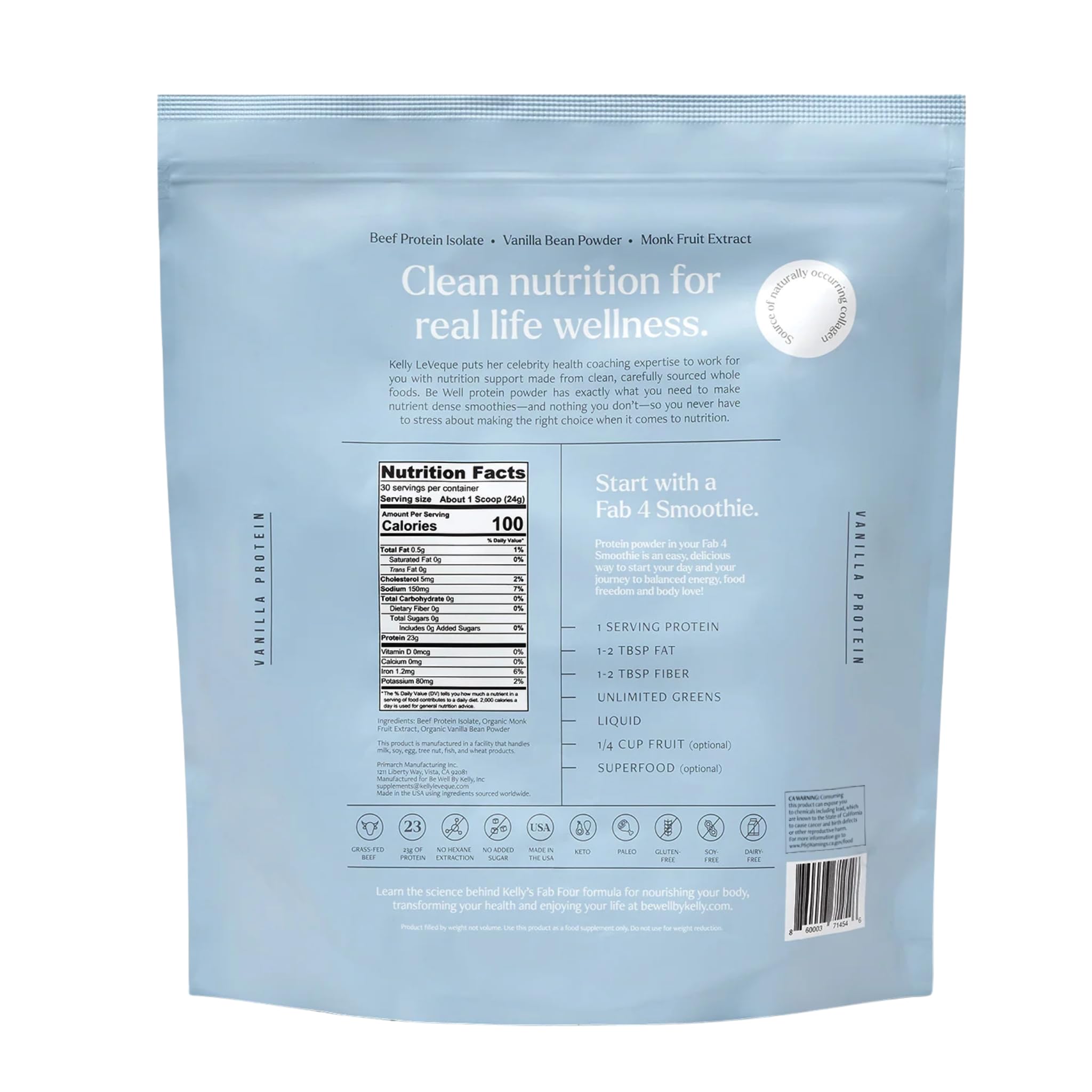 Be Well by Kelly Vanilla Grass-Fed Beef Protein Powder post-workout shake with berries