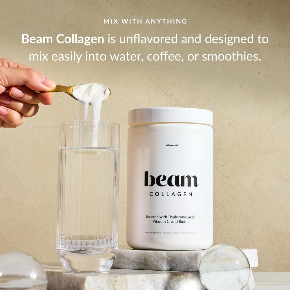 Beam Collagen Powder with Hyaluronic Acid adds skin hydration benefits.