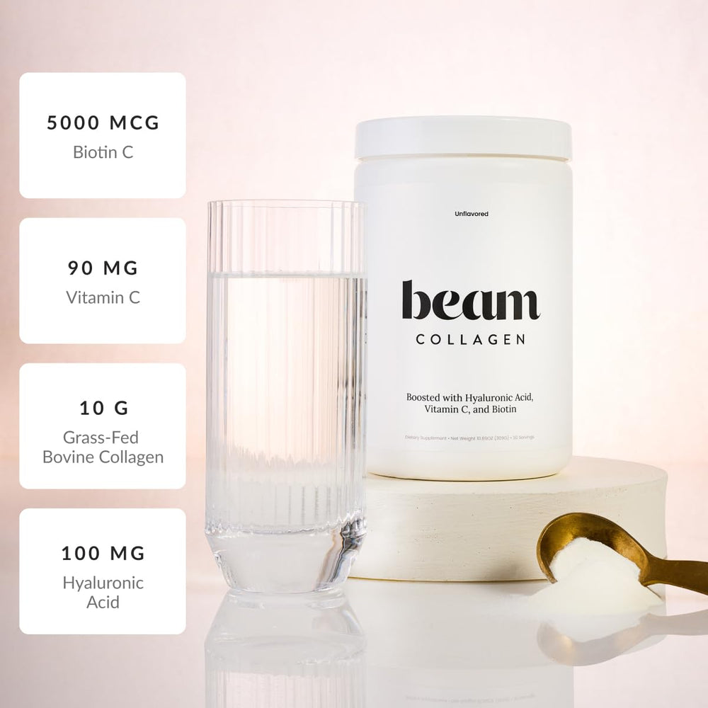 Beam Collagen Powder with biotin highlights hair and nail support.