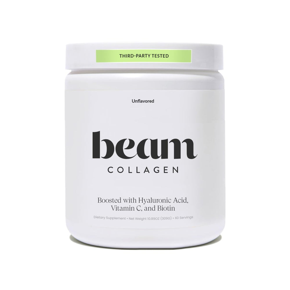 Beam Collagen Powder bottle supports daily beauty for skin, hair, and nails.