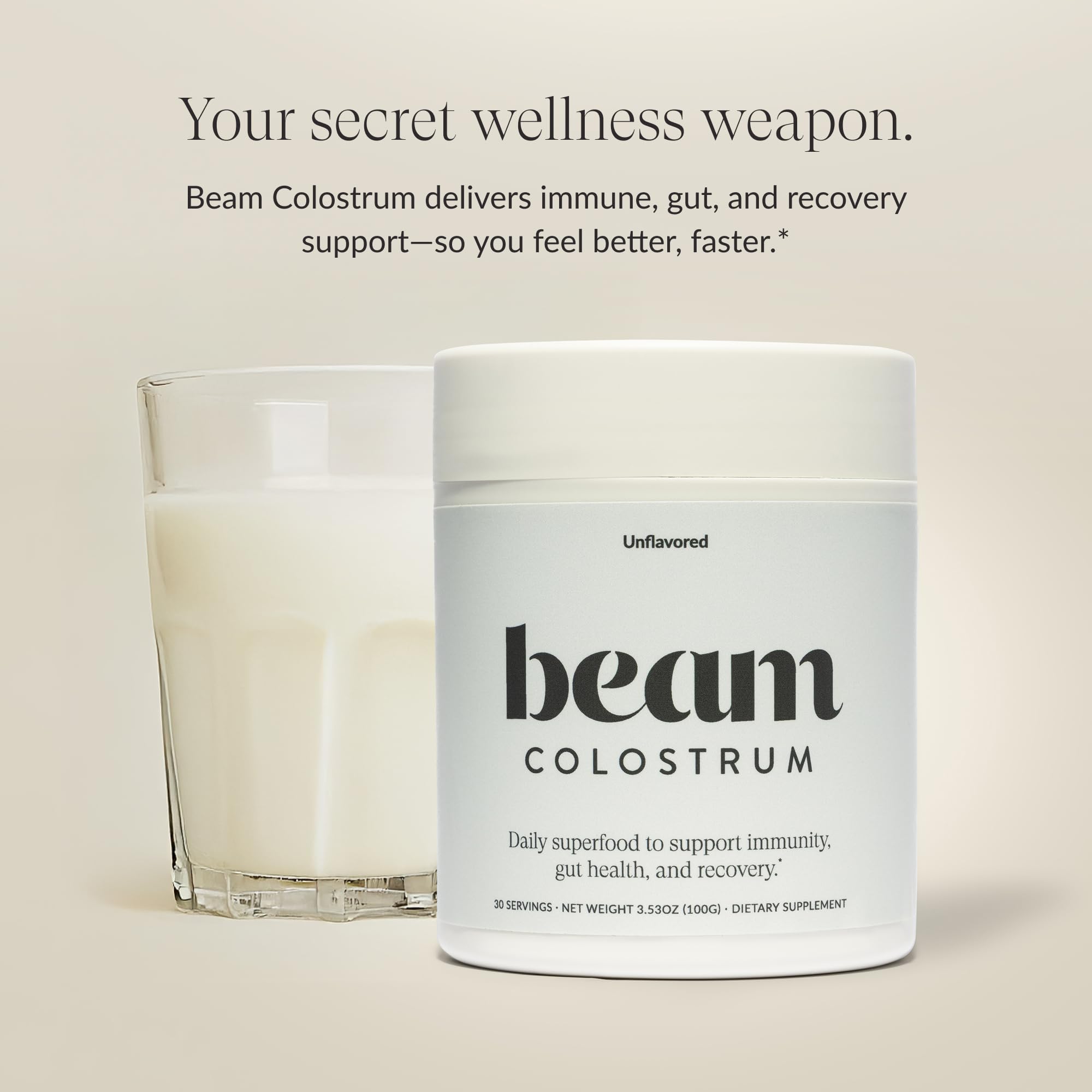 Close-up of the Beam Colostrum Powder jar showing a 3g serving for recovery.
