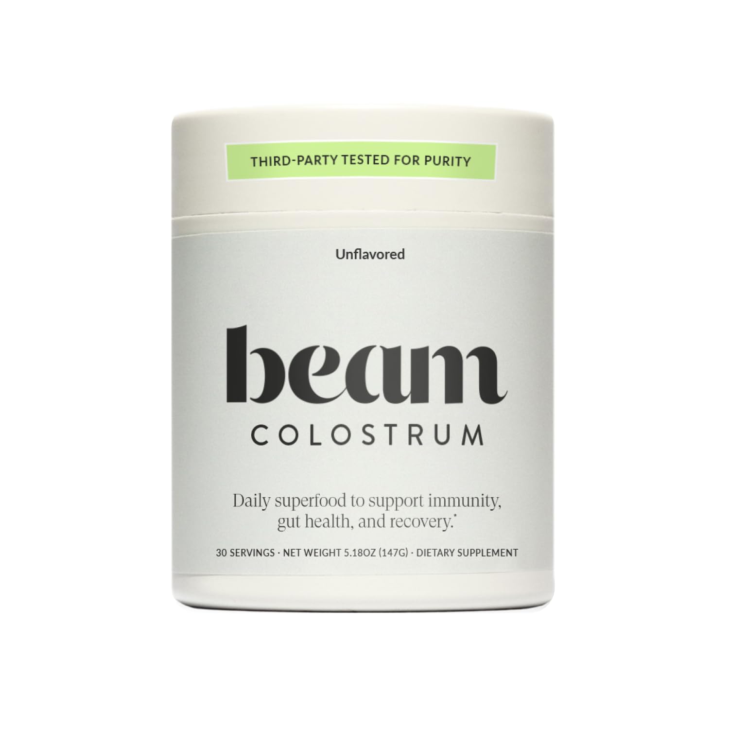 Beam Colostrum Powder bottle with scoop highlights immune support and gut health.