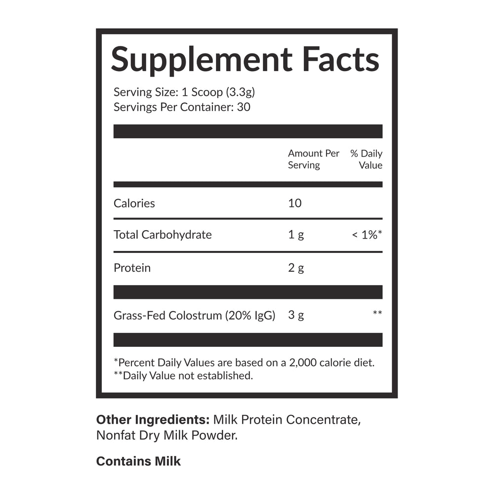 A close view of the Beam Colostrum Powder label with a third-party testing badge.