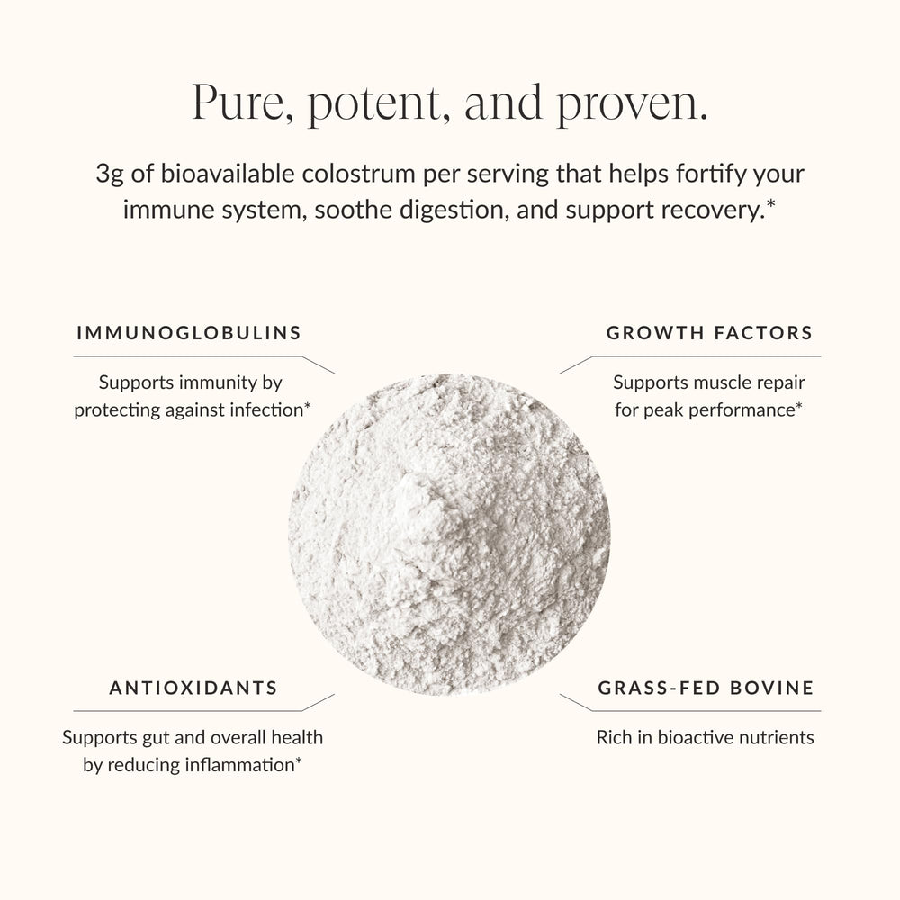 The Beam Colostrum Powder packaging showcases grass-fed, non-GMO ingredients.