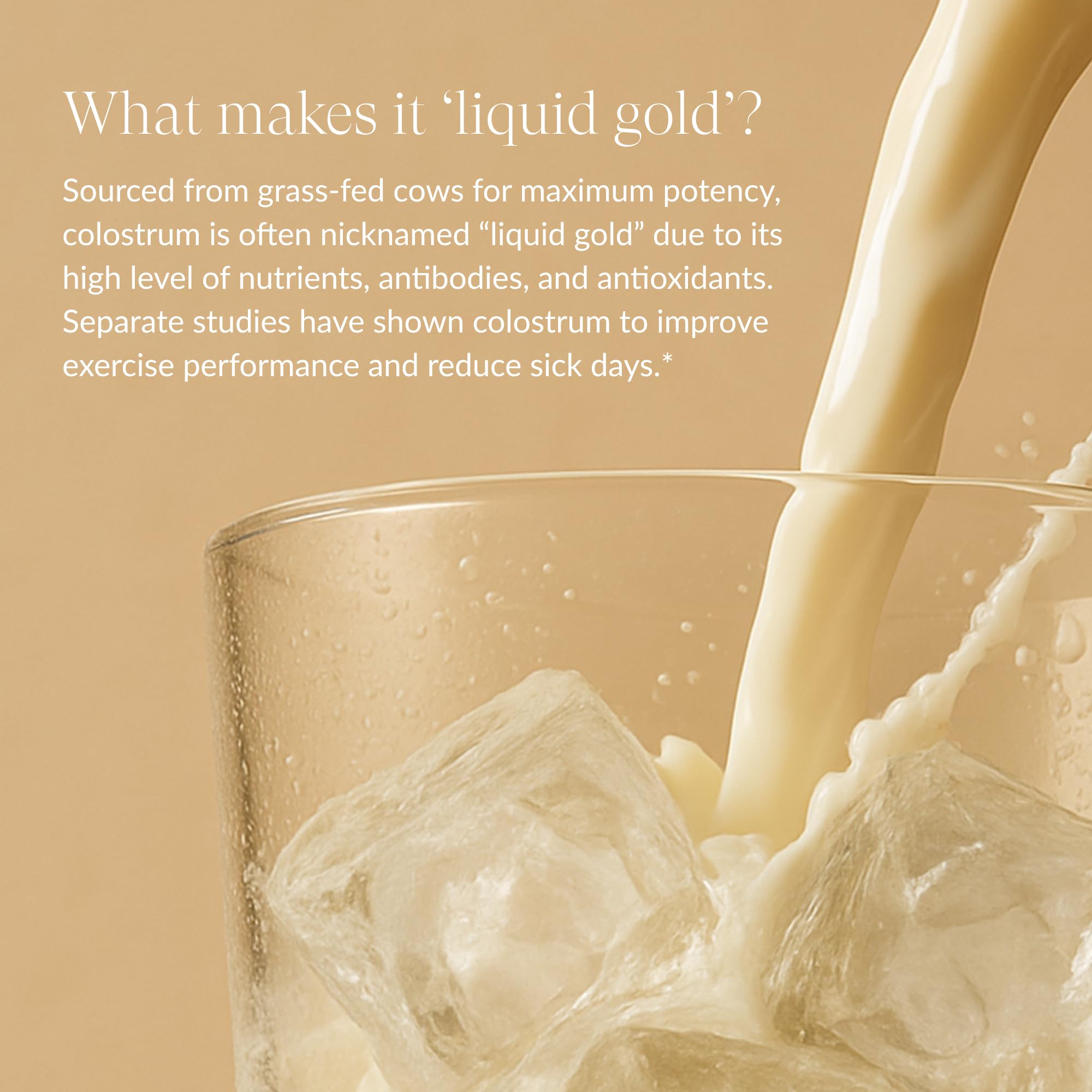 Beam Colostrum Powder is poured into a glass for a daily immune support routine.