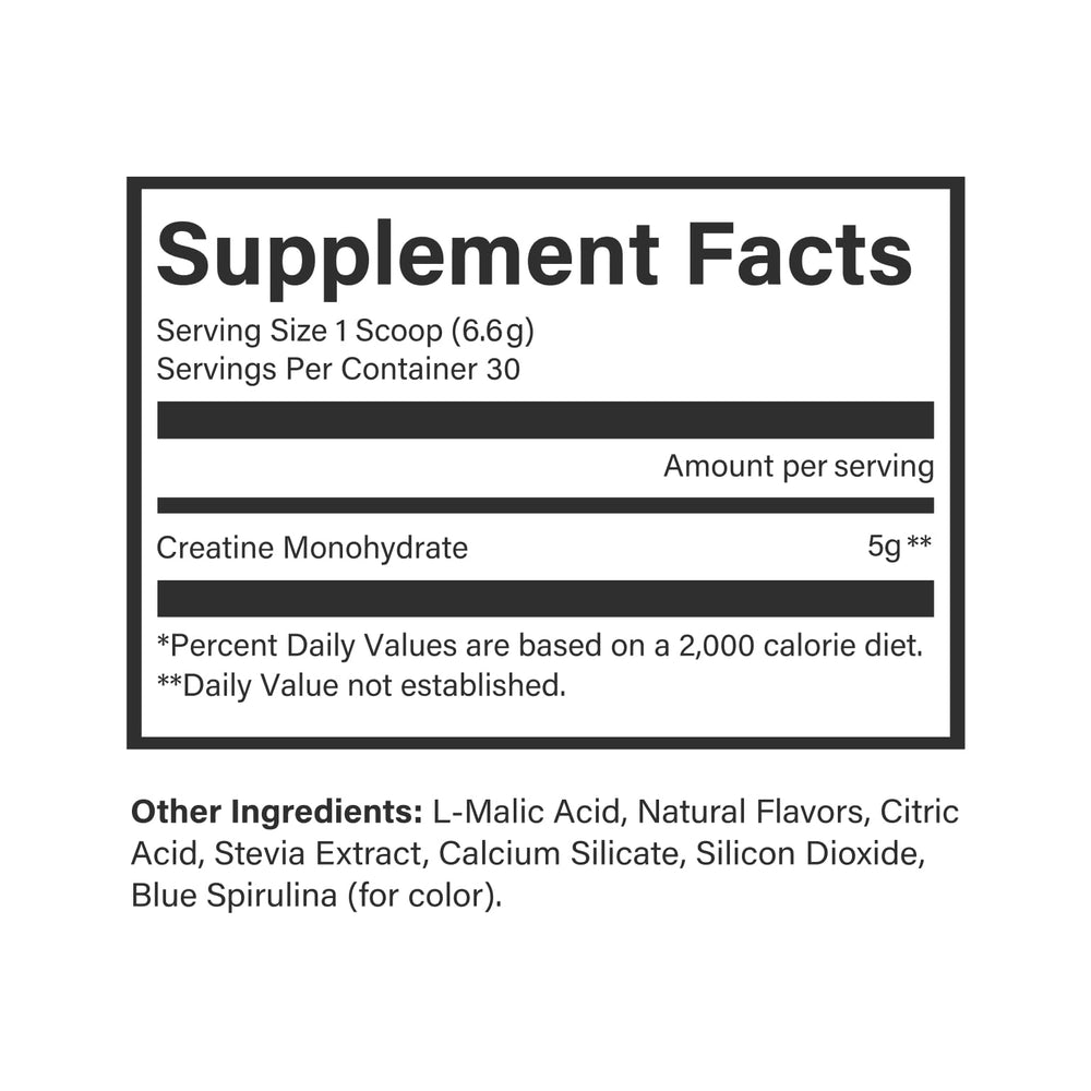Beam Creatine Powder blue-raspberry close-up conveys flavor and sugar-free profile.