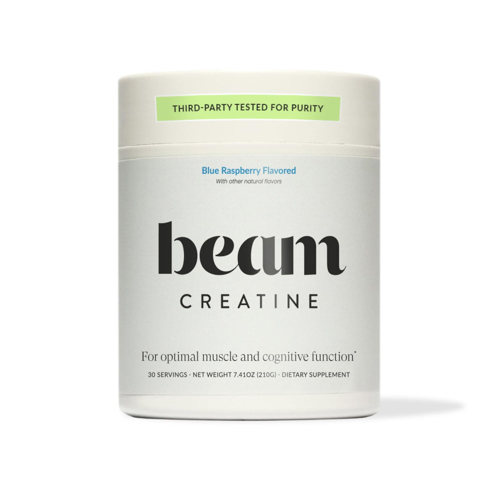 Beam Creatine Powder bottle shows pure creatine for steady gym performance.